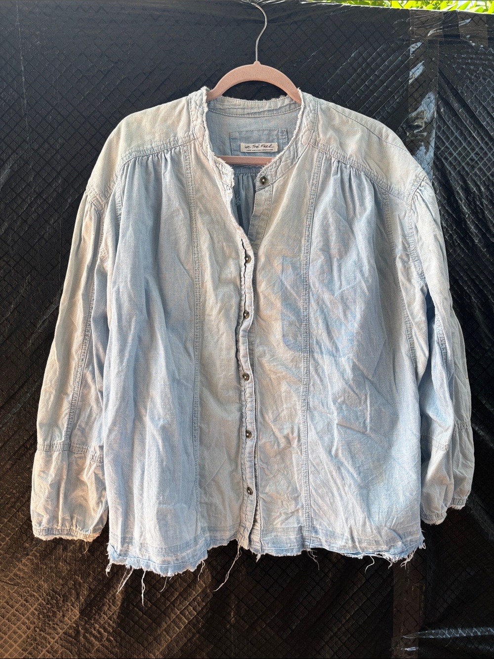 We The Free Light Blue Washed Denim Button-Up Shirt oversized